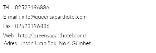 Queen's Apart Hotel telefon numaralar, faks, e-mail, posta adresi ve iletiim bilgileri